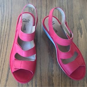 Clark’s Red Wedge Sandals- Size 9